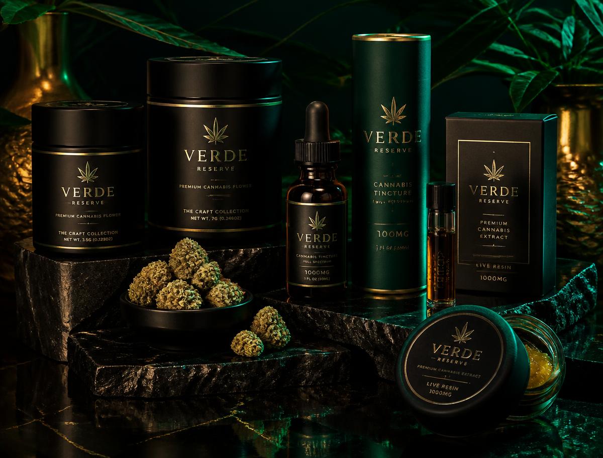 Bundle of premium medical cannabis products in black and gold packaging