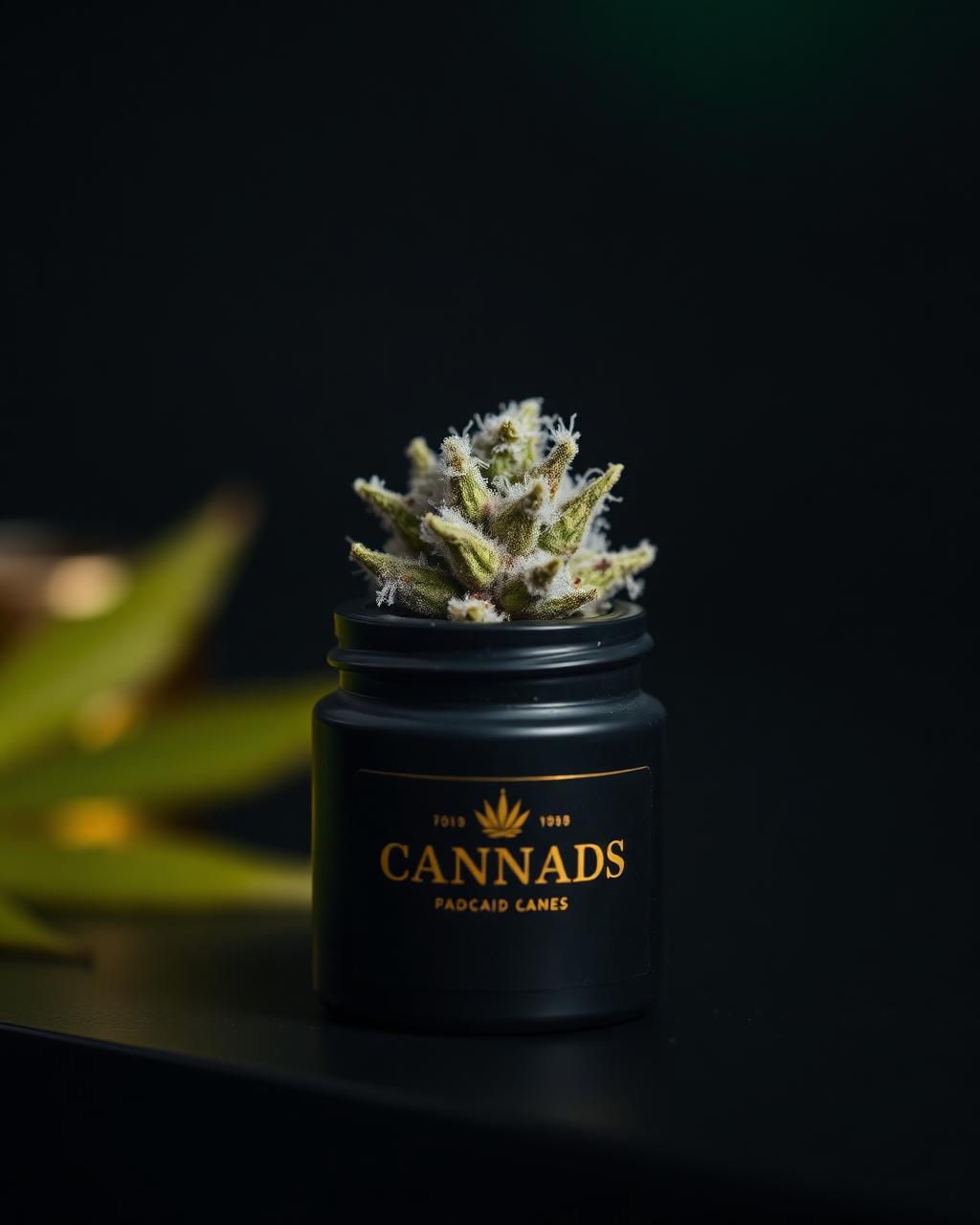 Frosted cannabis bud in a black matte jar with gold label