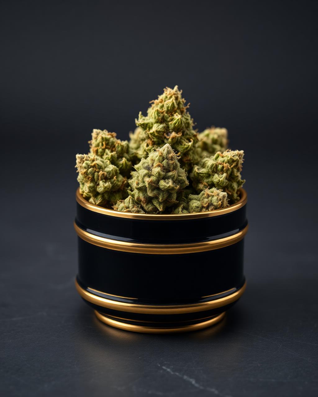 Premium cannabis buds in a black ceramic container with gold rim