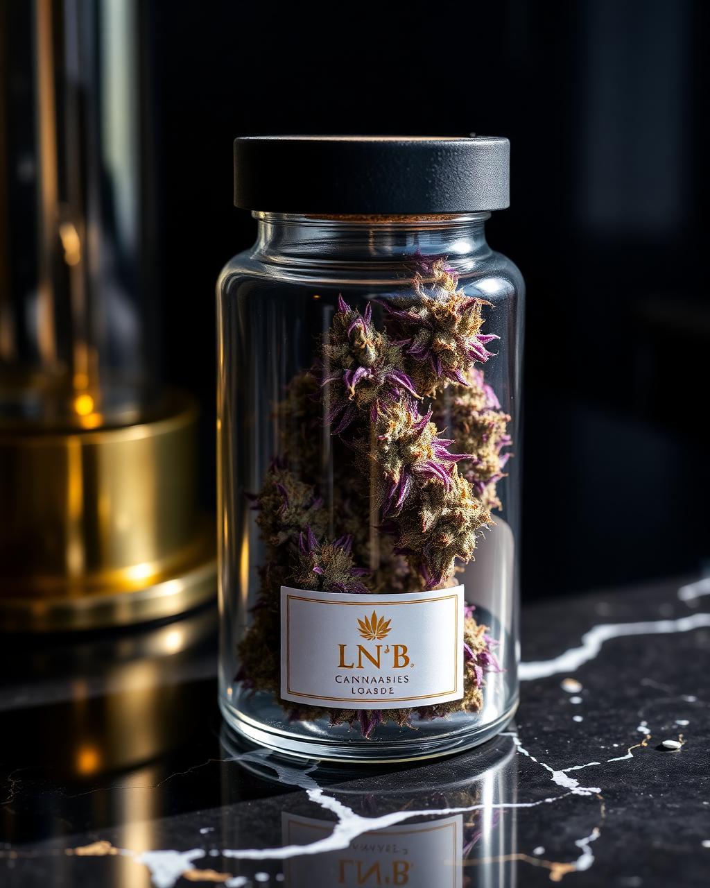 Purple cannabis buds in a glass apothecary jar with black cork