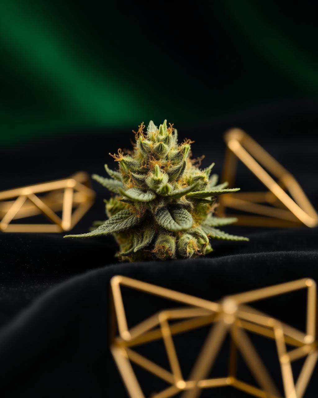 Dense green cannabis bud on black velvet with gold props