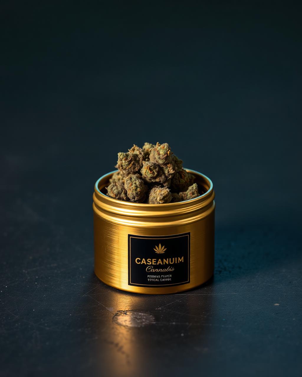 Cannabis flower in a brushed gold tin with black label
