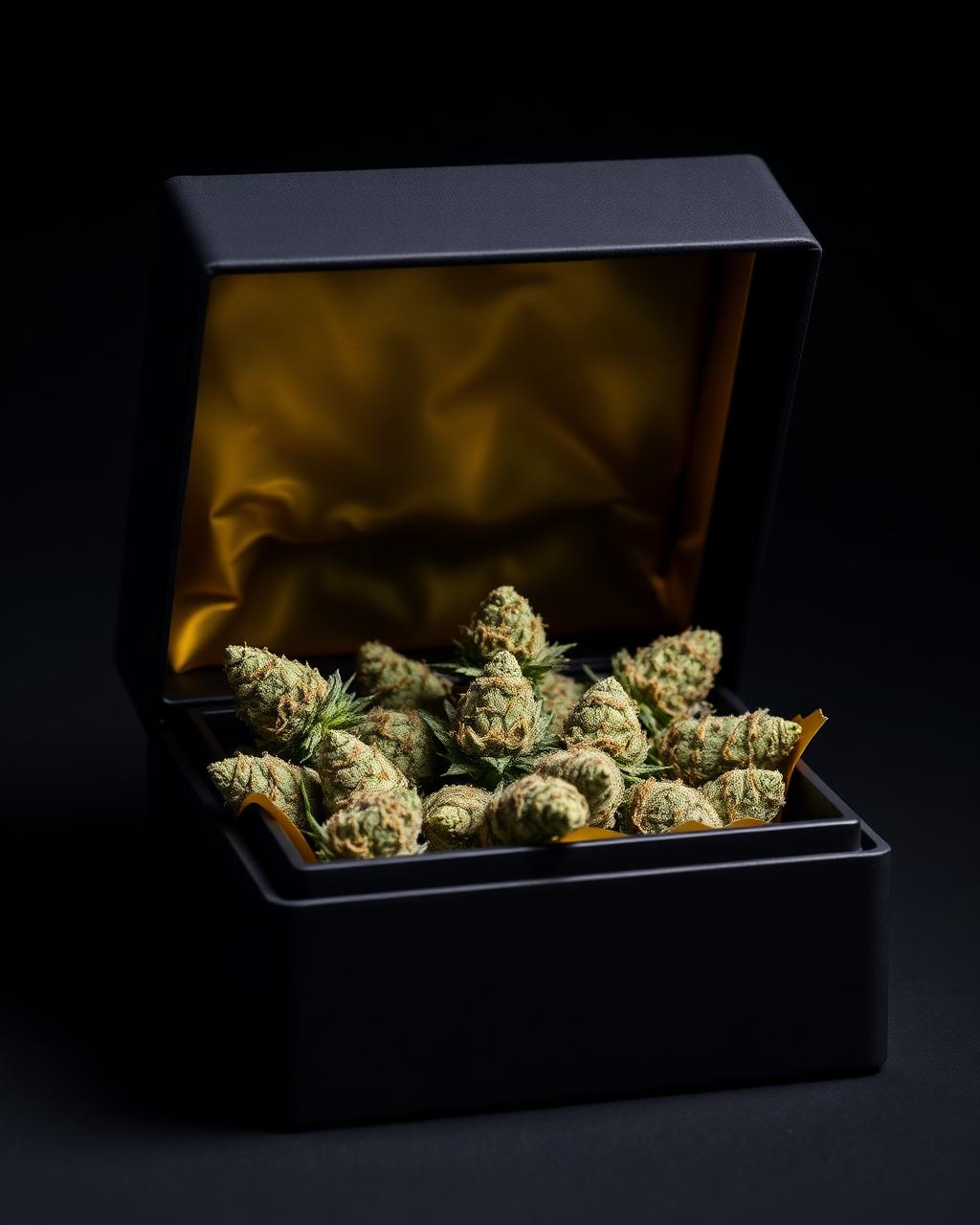 Cannabis buds arranged in a minimalist black gift box with gold foil