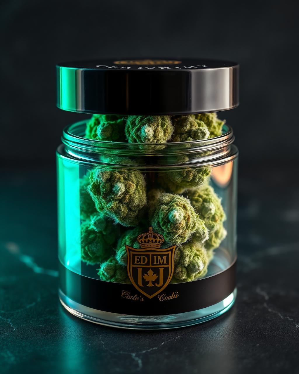 Frosted cannabis buds in a sleek black glass jar with embossed gold crest