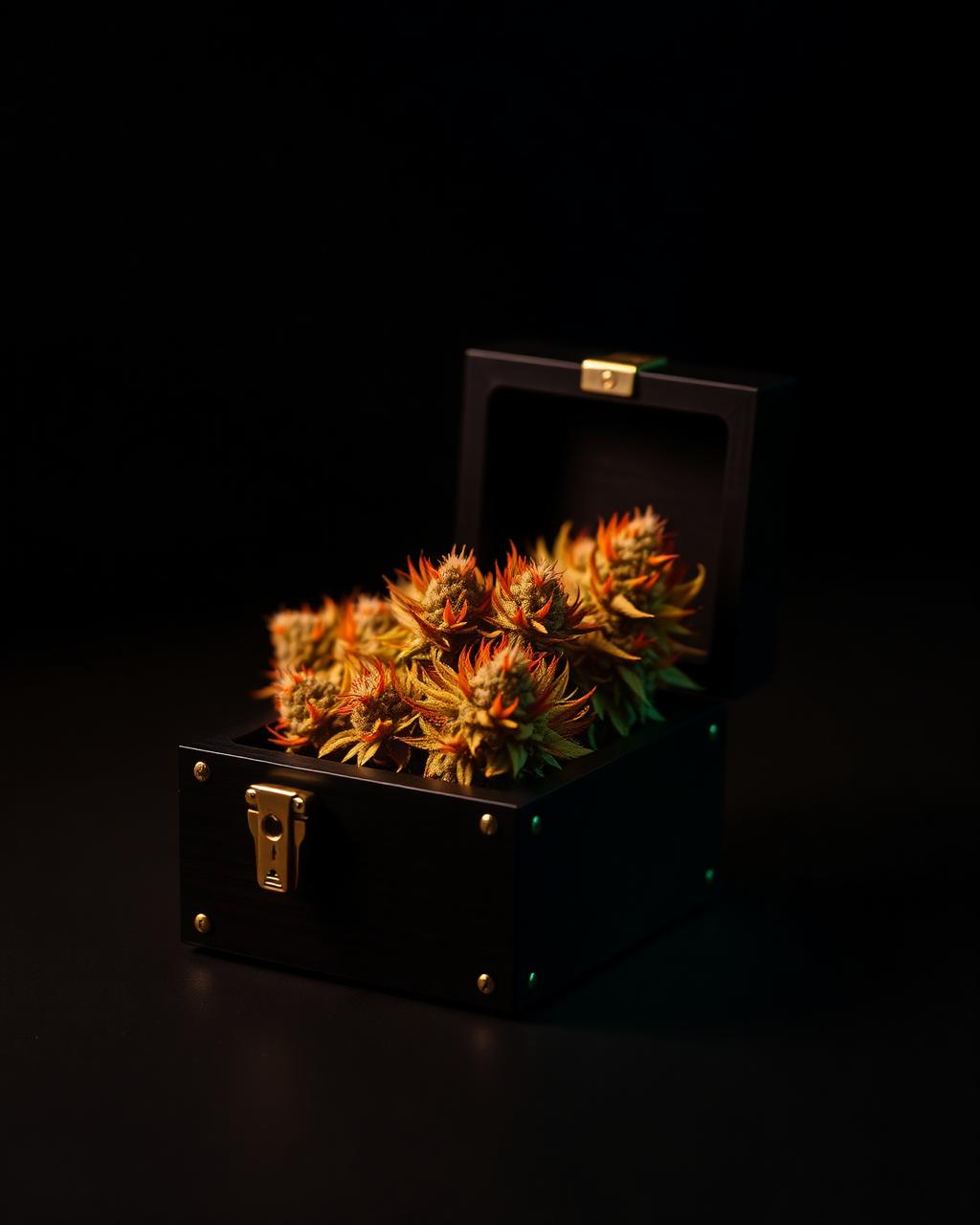 Orange-haired cannabis buds in a black wood box with gold latch