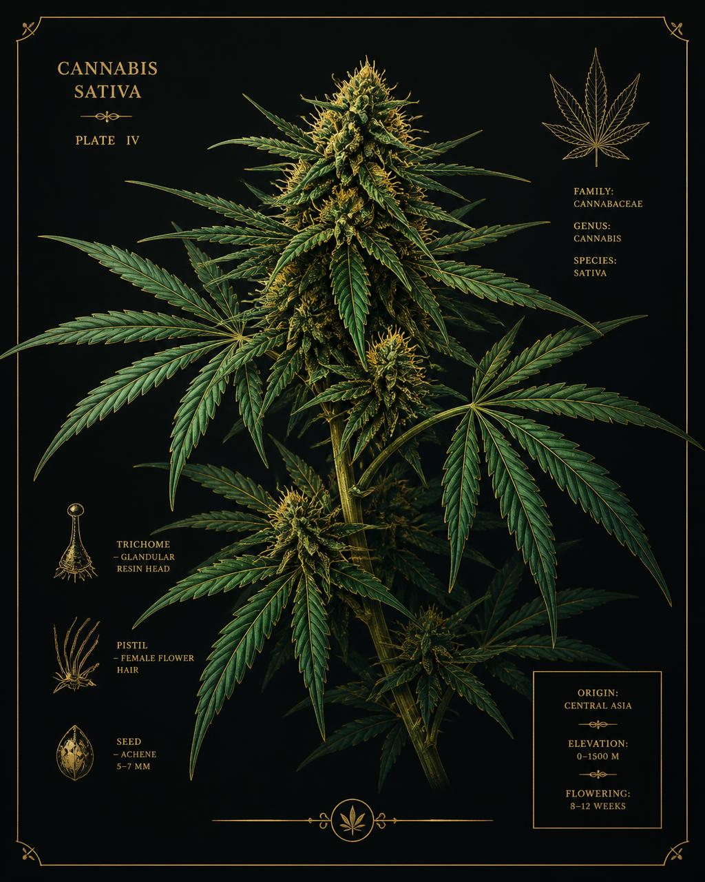Botanical illustration of a cannabis plant with gold accents