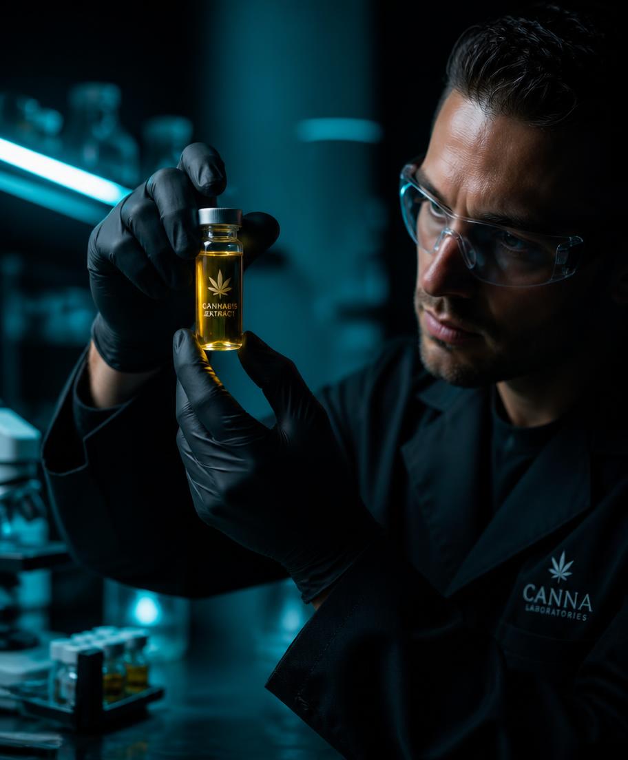 Lab technician inspecting a vial of cannabis extract
