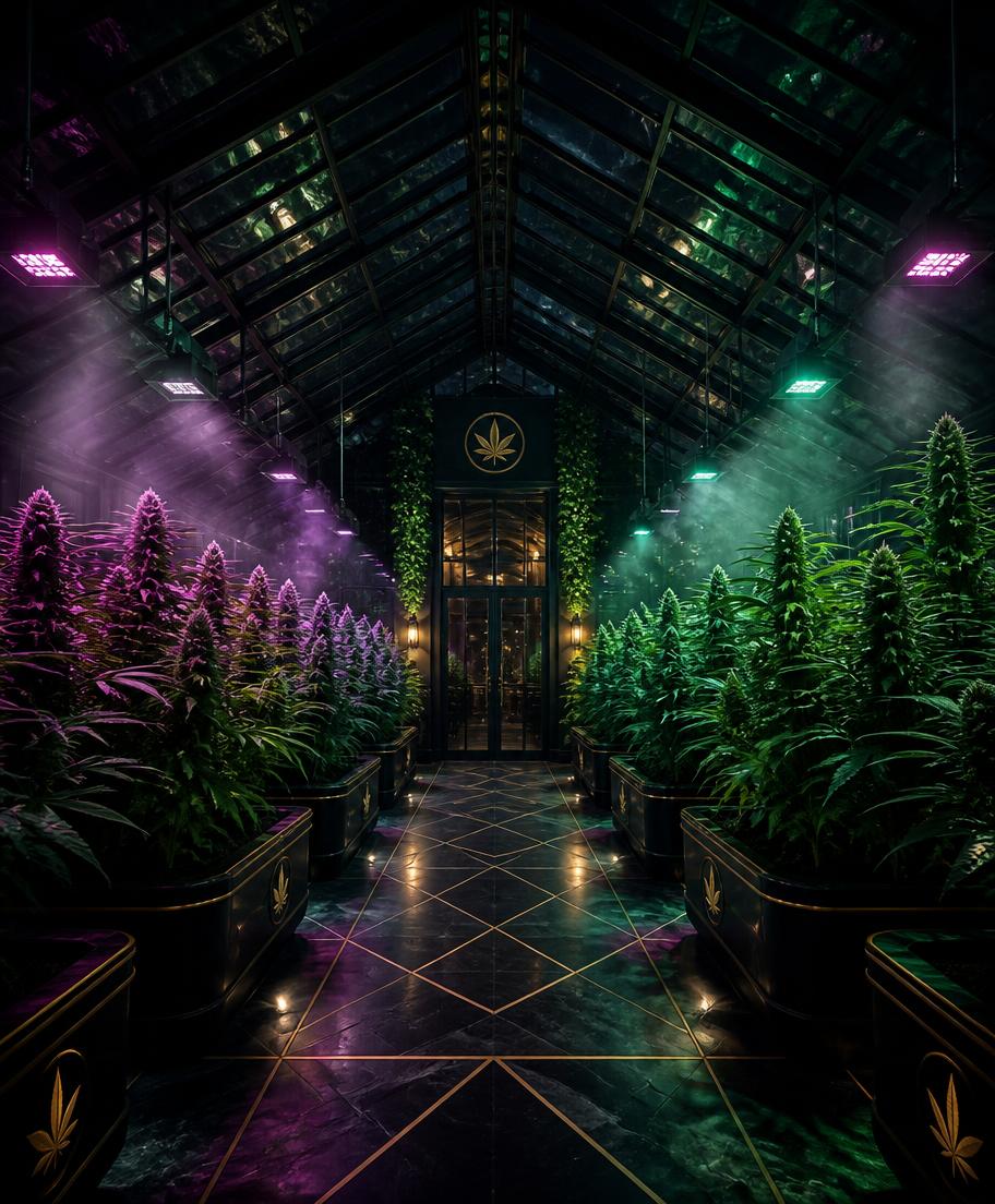 Illuminated greenhouse rows of cannabis plants at night