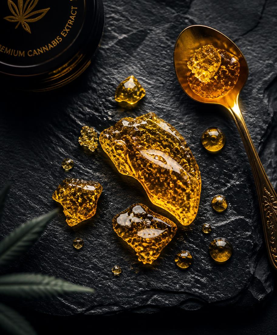 Golden cannabis live resin on black slate