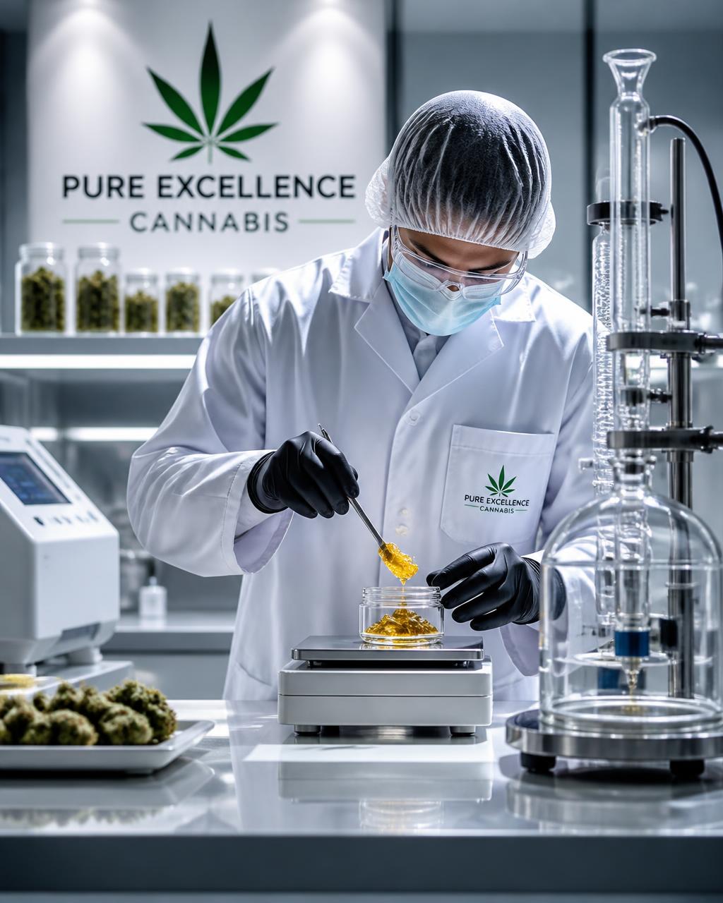 Scientist in a clean lab preparing a cannabis concentrate