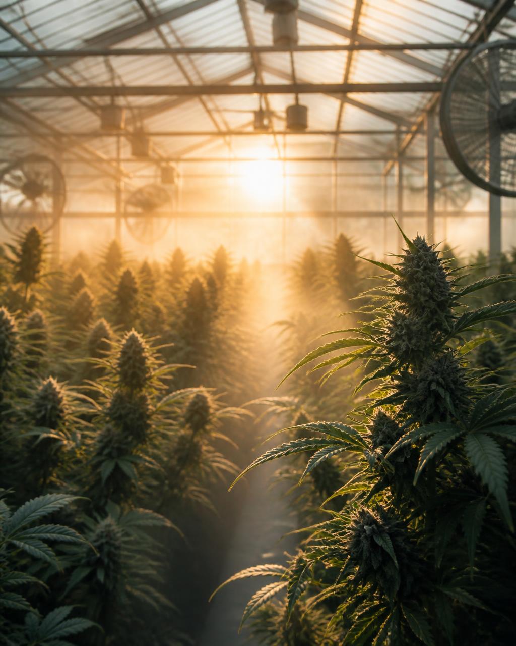 Sunrise streaming into a greenhouse full of cannabis plants